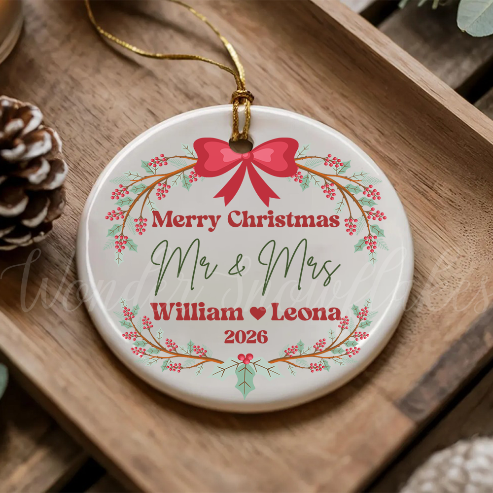 Personalized "Mr. & Mrs." First Christmas Ornament – Custom Couples Wreath Keepsake