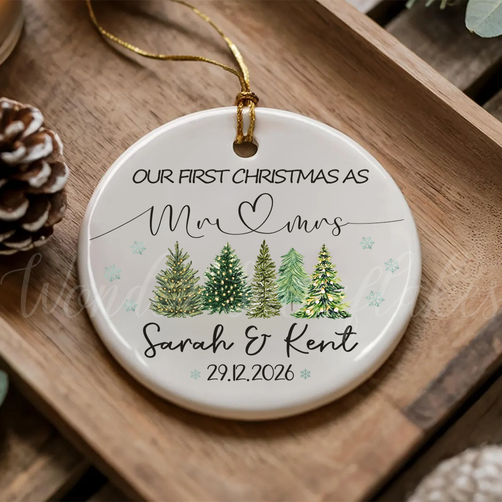 Personalized "Our First Christmas As Mr & Mrs" Ornament – Custom Newlywed Winter Forest Keepsake