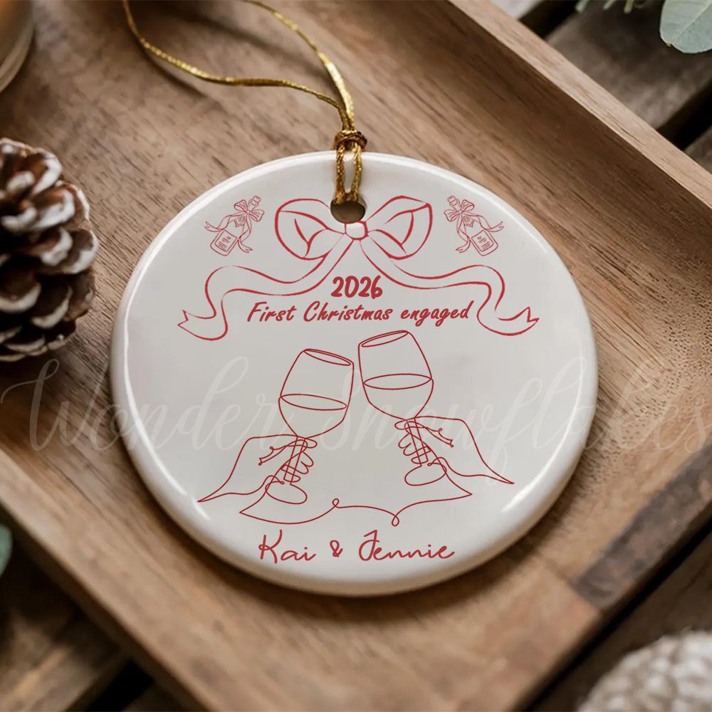 Personalized "First Christmas Engaged" Ornament – Custom Elegant Line Art Couples Keepsake