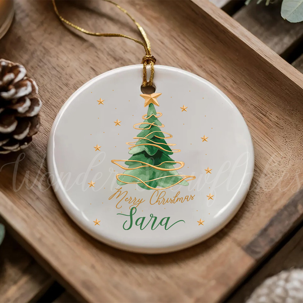 Personalized "Merry Christmas" Custom Name Ornament – Elegant Watercolor Tree Keepsake