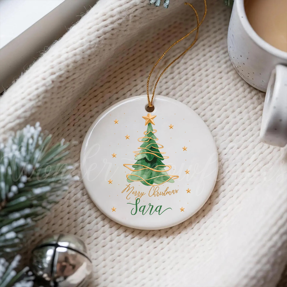 Personalized "Merry Christmas" Custom Name Ornament – Elegant Watercolor Tree Keepsake