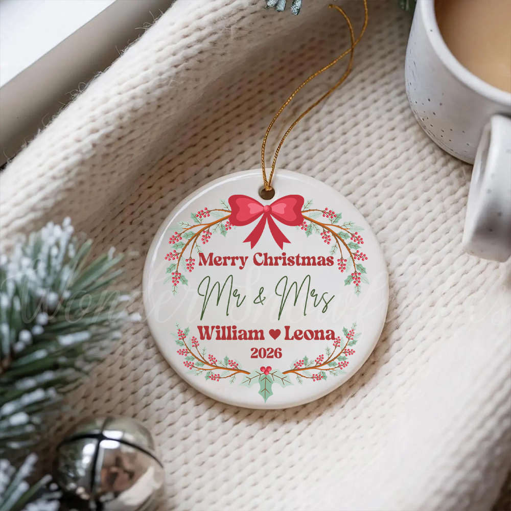 Personalized "Mr. & Mrs." First Christmas Ornament – Custom Couples Wreath Keepsake