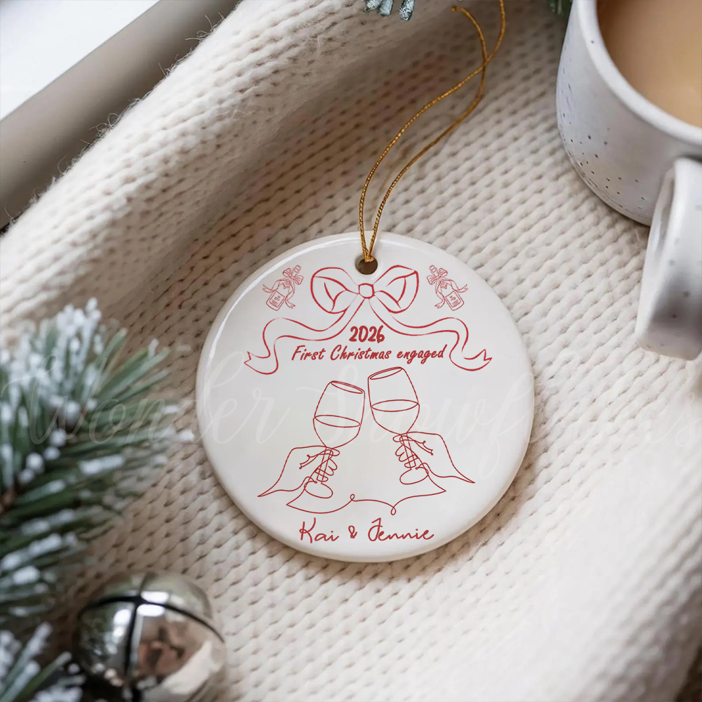 Personalized "First Christmas Engaged" Ornament – Custom Elegant Line Art Couples Keepsake