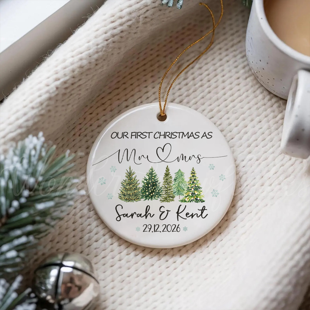 Personalized "Our First Christmas As Mr & Mrs" Ornament – Custom Newlywed Winter Forest Keepsake