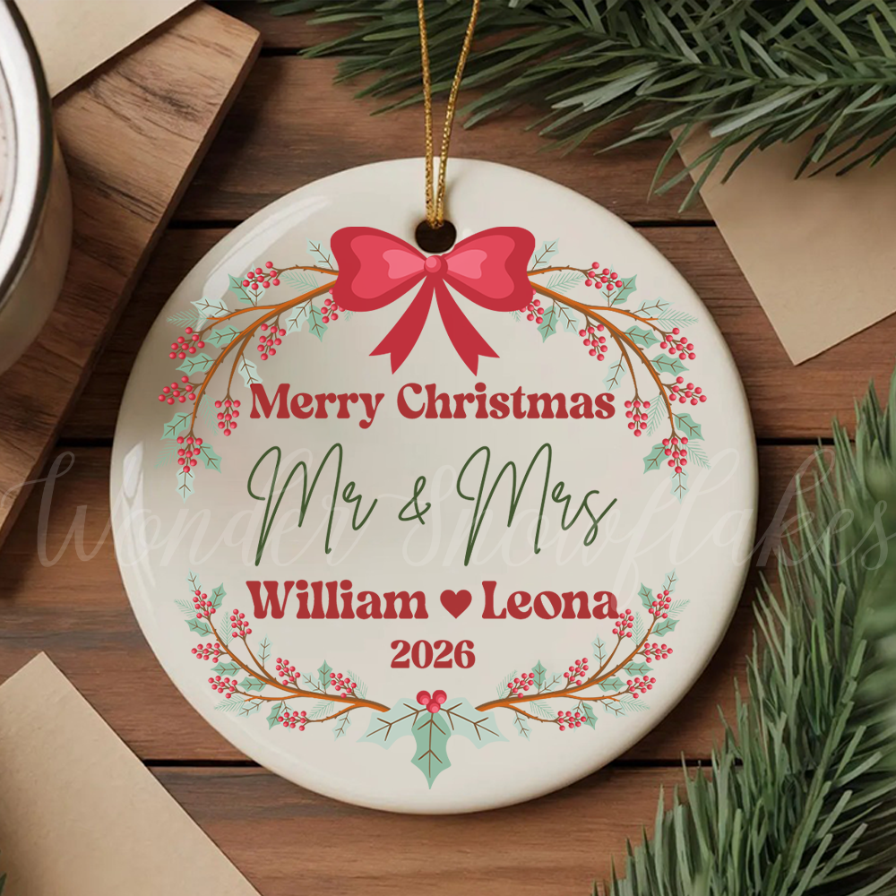 Personalized "Mr. & Mrs." First Christmas Ornament – Custom Couples Wreath Keepsake