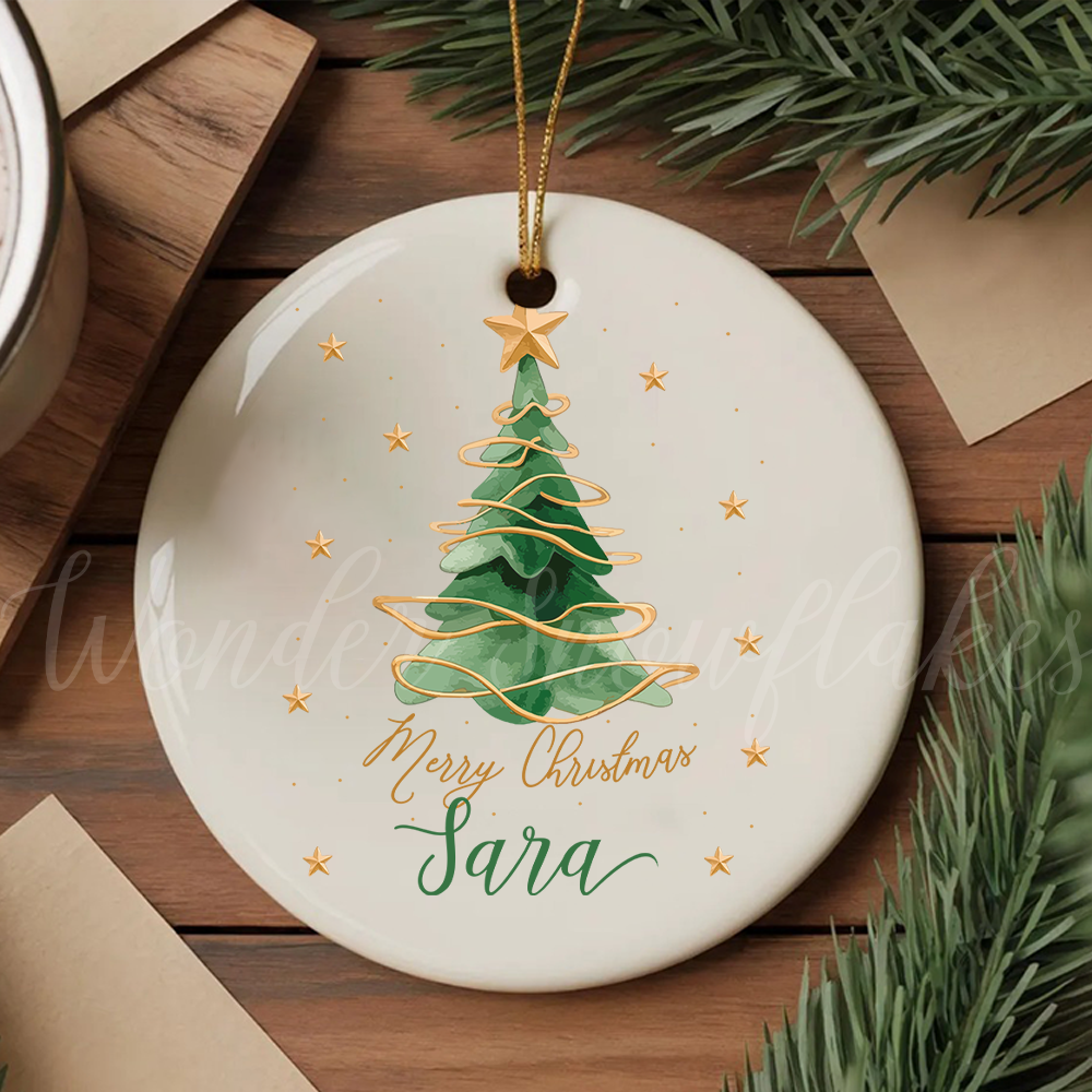Personalized "Merry Christmas" Custom Name Ornament – Elegant Watercolor Tree Keepsake
