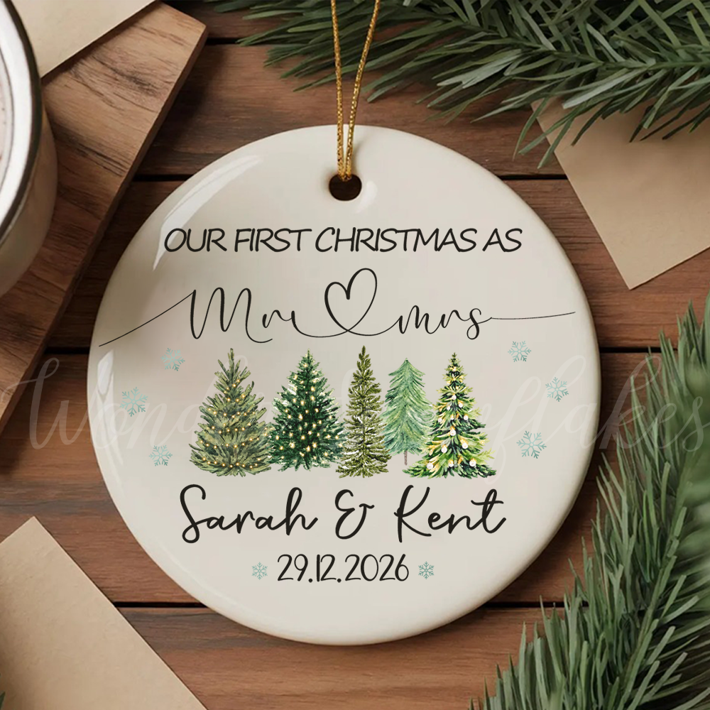 Personalized "Our First Christmas As Mr & Mrs" Ornament – Custom Newlywed Winter Forest Keepsake