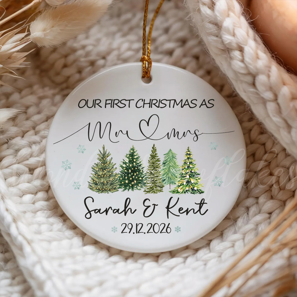Personalized "Our First Christmas As Mr & Mrs" Ornament – Custom Newlywed Winter Forest Keepsake