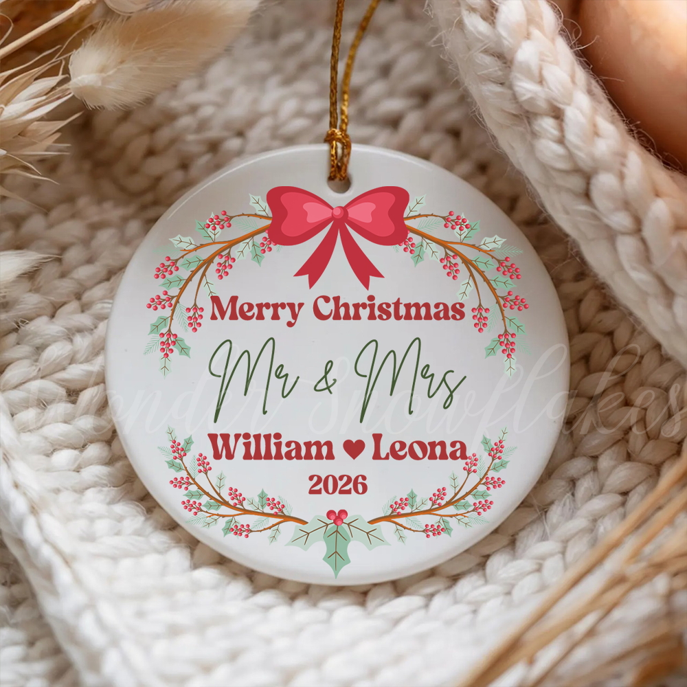 Personalized "Mr. & Mrs." First Christmas Ornament – Custom Couples Wreath Keepsake