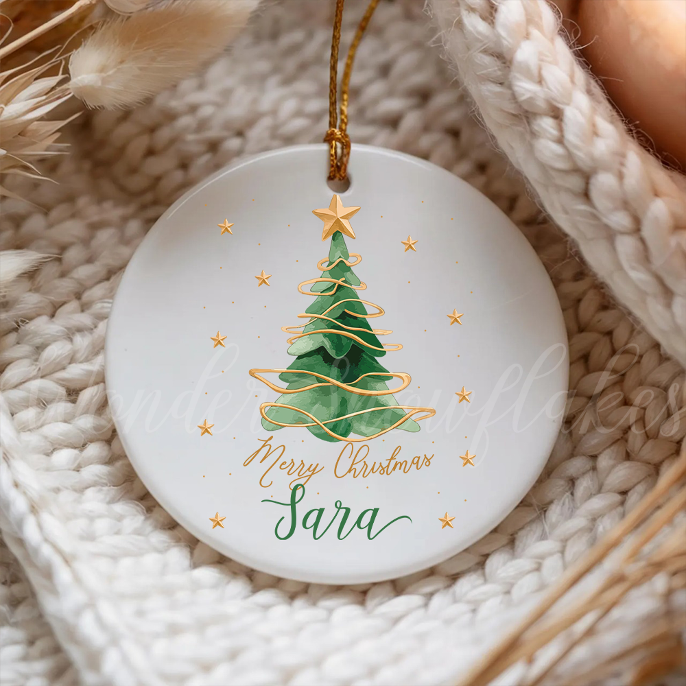 Personalized "Merry Christmas" Custom Name Ornament – Elegant Watercolor Tree Keepsake