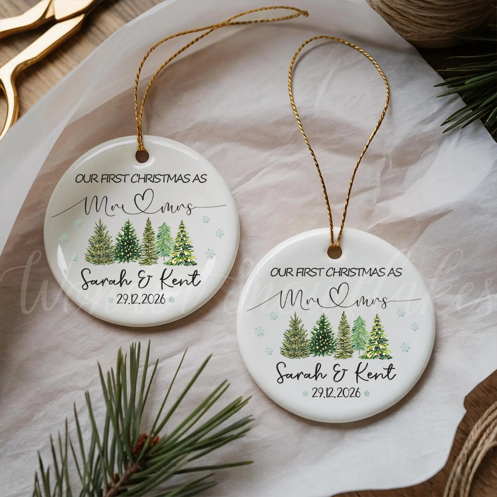Personalized "Our First Christmas As Mr & Mrs" Ornament – Custom Newlywed Winter Forest Keepsake