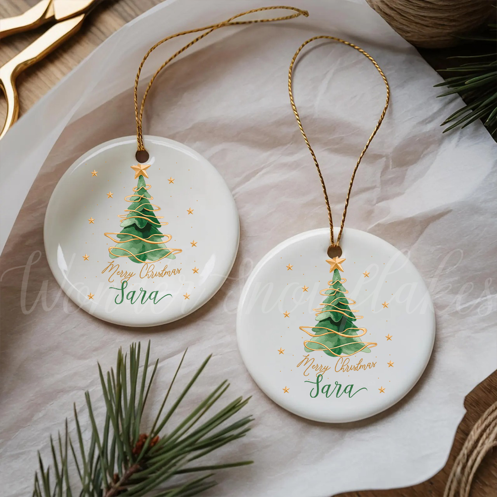 Personalized "Merry Christmas" Custom Name Ornament – Elegant Watercolor Tree Keepsake