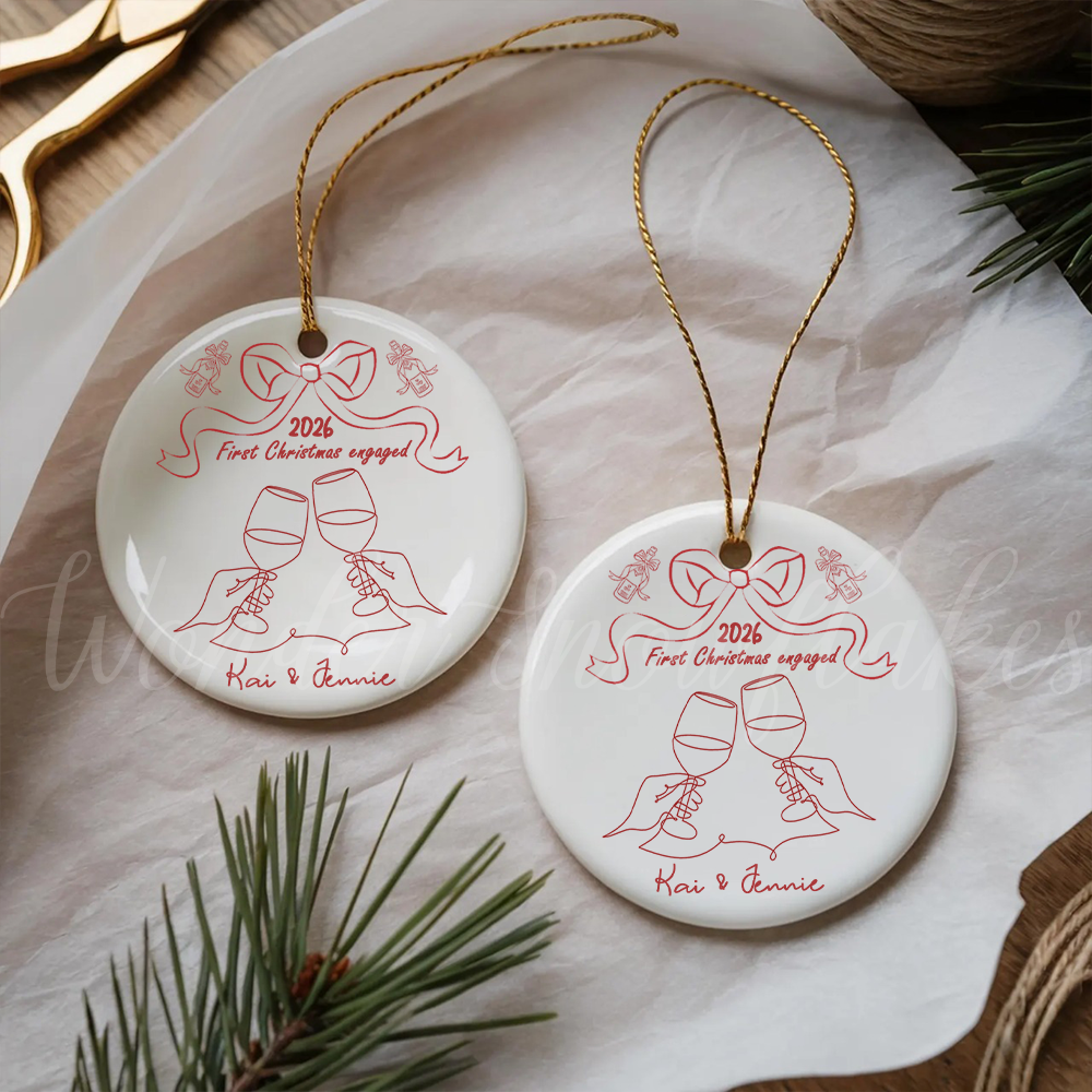 Personalized "First Christmas Engaged" Ornament – Custom Elegant Line Art Couples Keepsake