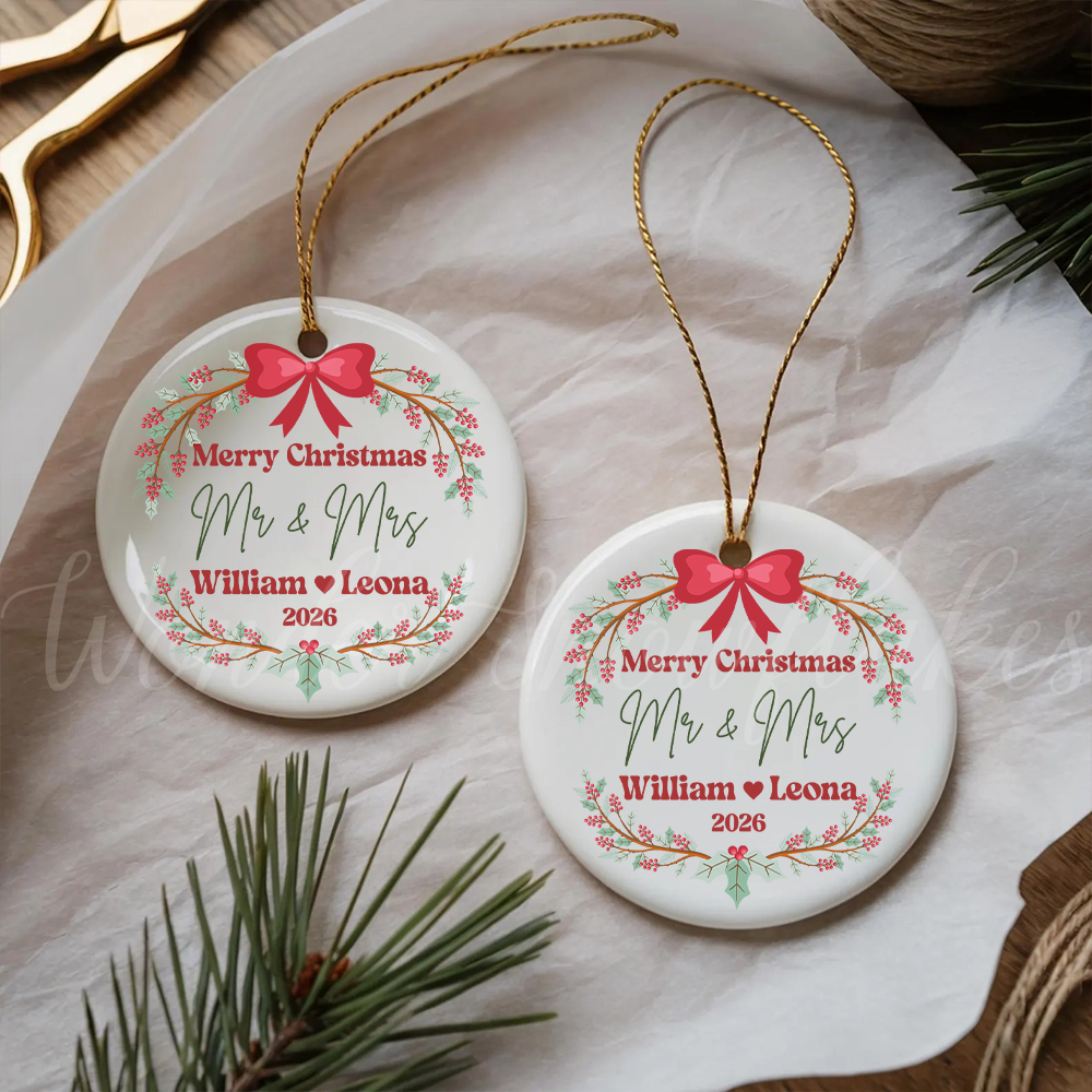 Personalized "Mr. & Mrs." First Christmas Ornament – Custom Couples Wreath Keepsake