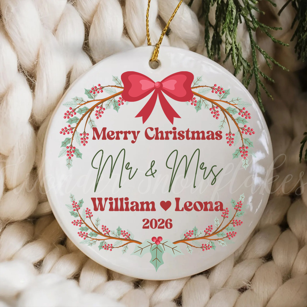 Personalized "Mr. & Mrs." First Christmas Ornament – Custom Couples Wreath Keepsake