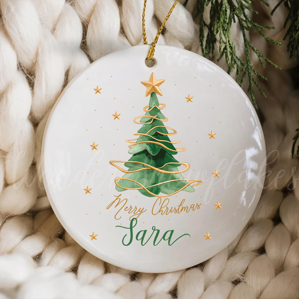 Personalized "Merry Christmas" Custom Name Ornament – Elegant Watercolor Tree Keepsake