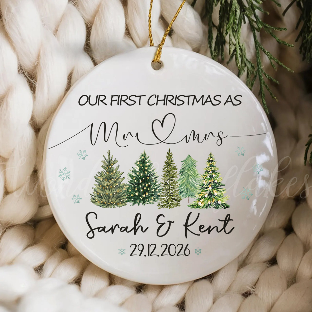 Personalized "Our First Christmas As Mr & Mrs" Ornament – Custom Newlywed Winter Forest Keepsake